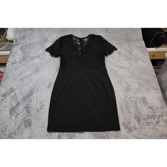 She + Sky Dress Womens Medium Black Knee Length Short Sleeve V-Neck Lace Accent - Picture 13 of 16